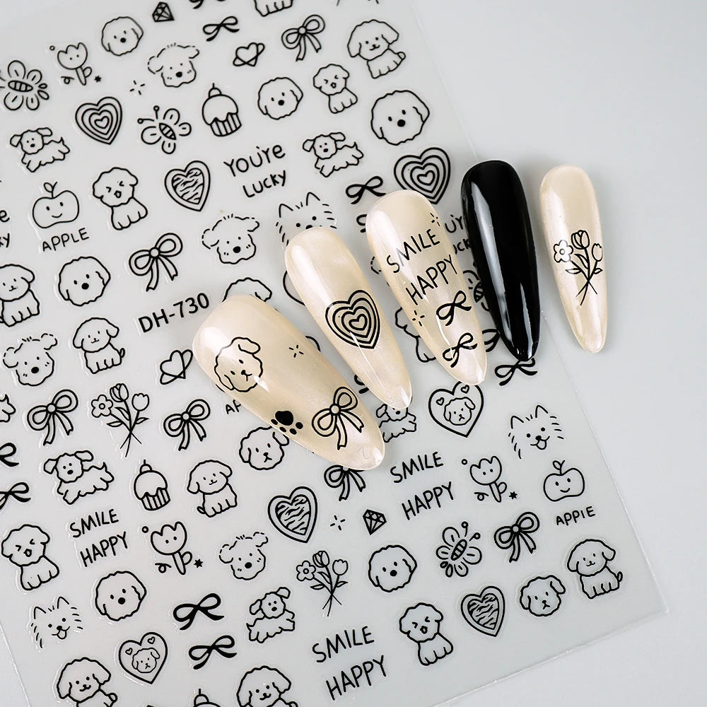 3D Flat Cute Cartoon Nail Stickers Doodle Cat Dog Heart Star Flower Nail Art Stickers Women DIY Manicure Decoration Decals