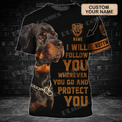 the ALPHA ROTTWEILER - Personalized Name Rottweiler Never Walk Alone 3D Printed Men's T-Shirt, Summer Casual Unisex Tee Shirt, Gift for Dog Lovers