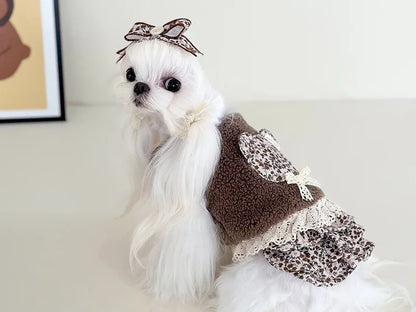 Pet Flower Plush Coat Dog Flower Cake Skirt Cute Dog Plush Hat Dog Clothes Winter Bear Flower Plush Thick Vest Coat Bottom Skirt