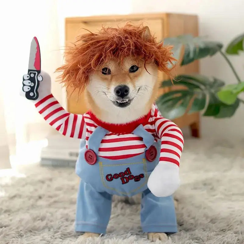 Chucky Dog Halloween Costume Fashion Funny Horror Movie Pet Party Outfit Comical Sweatshirt Set Dog Jumpsuit for Comical Effect