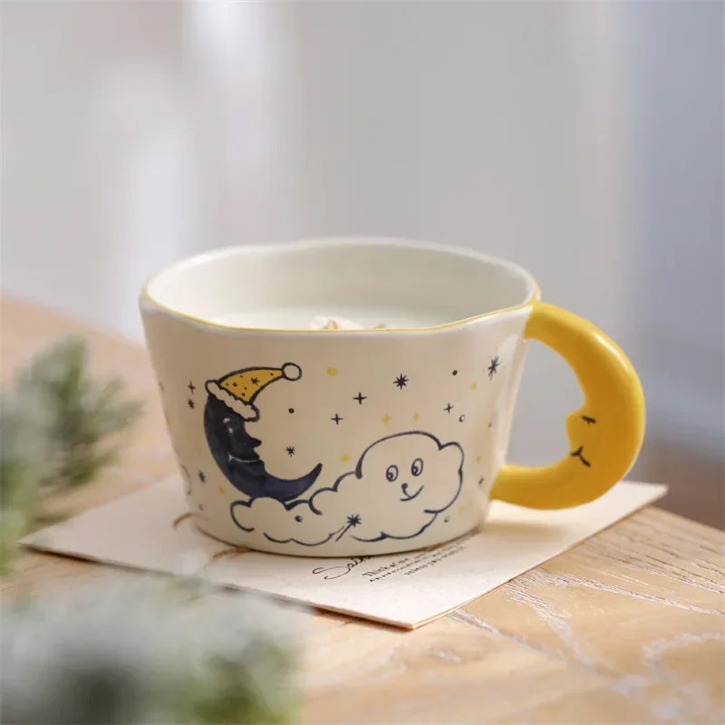 300ml Creative Cartoon Ladybug Dog Pattern Coffee Cup with Moon Handle Ceramic Mug Breakfast Milk Cups for Kids Birthday Gift