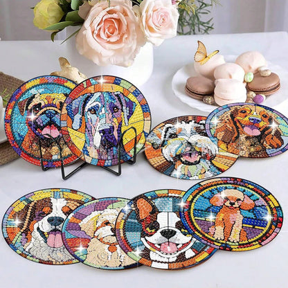 8pcs Dog Themed Diamond Painting Coaster Kits, DIY Craft Stained Glass Style Round Diamond Art Coasters