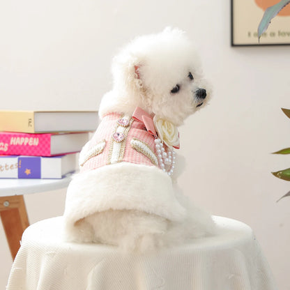 1-piece Pet Clothes, Dogs, Cats, Autumn and Winter Velvet Thickened Warm Vest, Pink Fragrant Flower Pearl Sleeveless Clothes