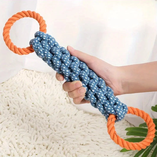 Dual-Handle Braided Rope Knot Pet Toy for All Dog Breeds - Durable Teeth Cleaning Chew Toy in Blue and Orange, Polyester Blend