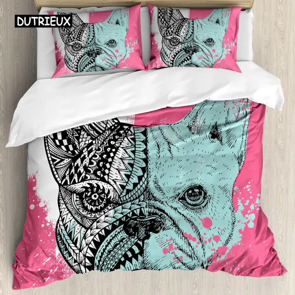the PRINTED PET DUVET - 3D Dog Bedding Set, Cute French Bulldog Puppy Duvet Cover Sets, Cartoon Bed Cover, Pet Animals Home Textiles, Queen 2/3Pcs King Full