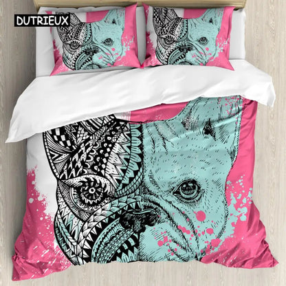 the PRINTED PET DUVET - 3D Dog Bedding Set, Cute French Bulldog Puppy Duvet Cover Sets, Cartoon Bed Cover, Pet Animals Home Textiles, Queen 2/3Pcs King Full