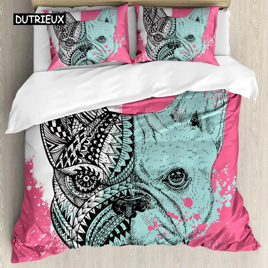 the PRINTED PET DUVET - 3D Dog Bedding Set, Cute French Bulldog Puppy Duvet Cover Sets, Cartoon Bed Cover, Pet Animals Home Textiles, Queen 2/3Pcs King Full