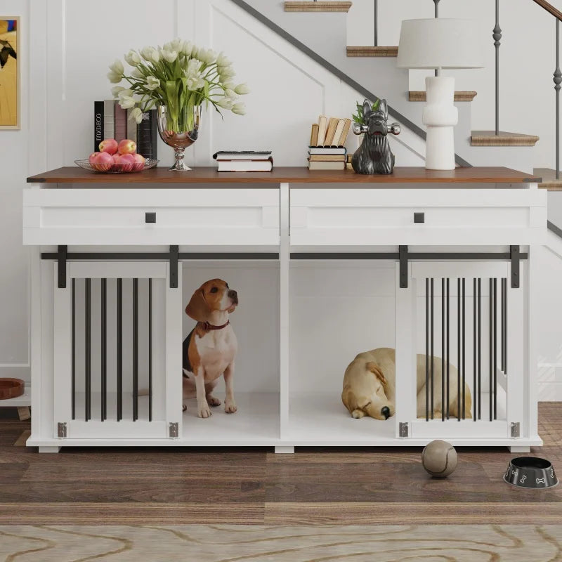 the DOG SPACE - 63 Inch Wooden Double Dog Crate with 2 Drawers and Sliding Door