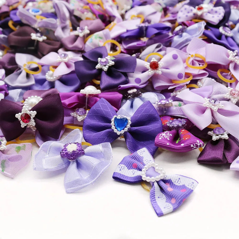 the PRETTY PURPLE BOW - Handmade Puppy Bows, 10/20PCS New Dog Bows with Rubber Bands, Purple Series Dog Bowknots, Pet Hair Accessories for Small Dogs