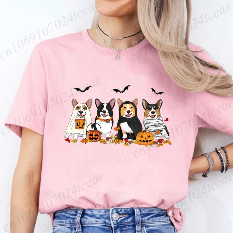 the COSTUME CANINES - Halloween Dog Fashion T-Shirt Tops, Women Harajuku Graphic Tees, Shirt Femme Corgi Dogs Halloween Women's T-Shirt