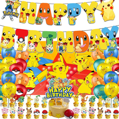 Pikachu Birthday Pokemon Party Decorations Pikachu Foil Balloons Disposable Tableware Plate Napkin Banner For Boy Party Supplies
