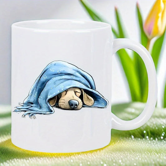 Cozy Blue Hoodie Puppy Ceramic Mug - White with Blue Hooded Dog Design, Perfect for Coffee Lovers, Hand Wash Only, Reusable, Cof