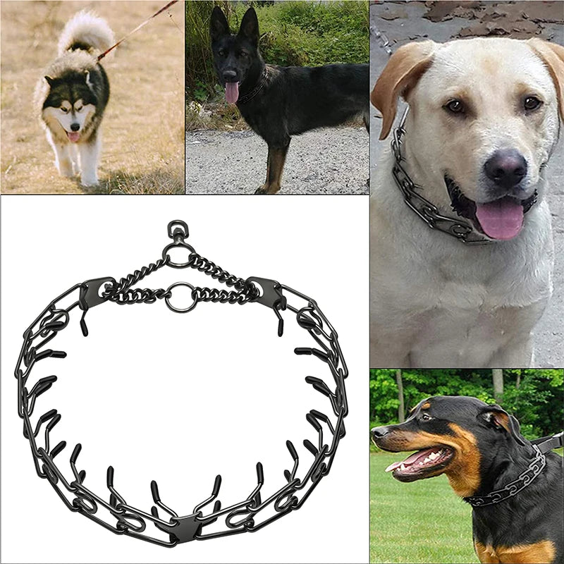 Training Prong Dog Collar Removable Black Pet Link Chain Adjustable Stainless Steel Metal Spike Necklace with Comfort Rubber Tip