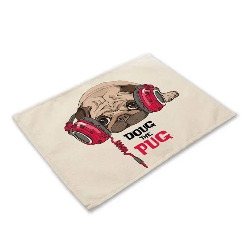 Pug Dog Pattern Cotton Linen Pad Dining Table Mats Coaster Bowl Cup Mat Pattern Kitchen Placemat 40*30cm Home Decor