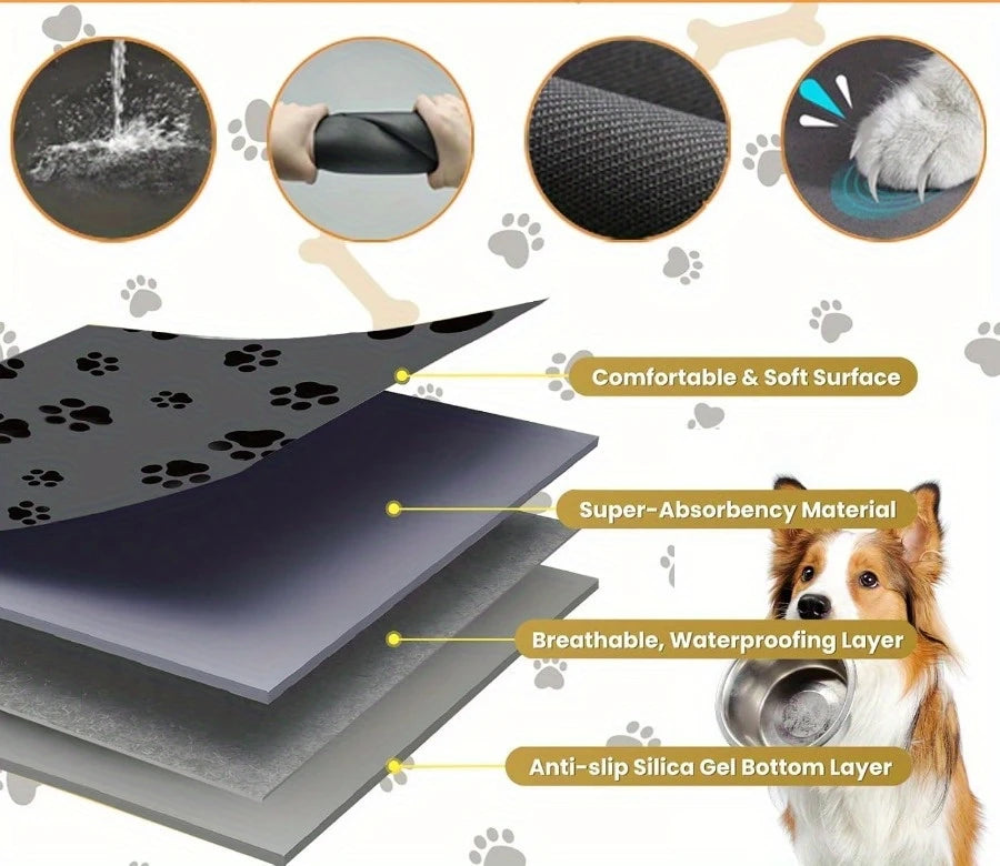 Quick-drying and Absorbent Dog Feeding Mat Non-slip and Anti-pad with Paw Print Design Suitable for Food and Water Bowls
