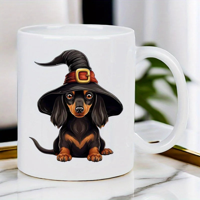 Cute Witch Hat Dachshund Ceramic Mug - Halloween-Themed Coffee Cup with Red & Black Hat, Perfect Gift for Dog Lovers, Hand Wash