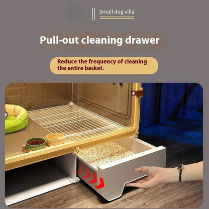 the LUXURY PET VILLA - Luxury Metal Small Dog Crate: 1-Bed-1-Living-1-Bath Villa, Separated Toilet, Indoor Integrated Doghouse/Cathouse