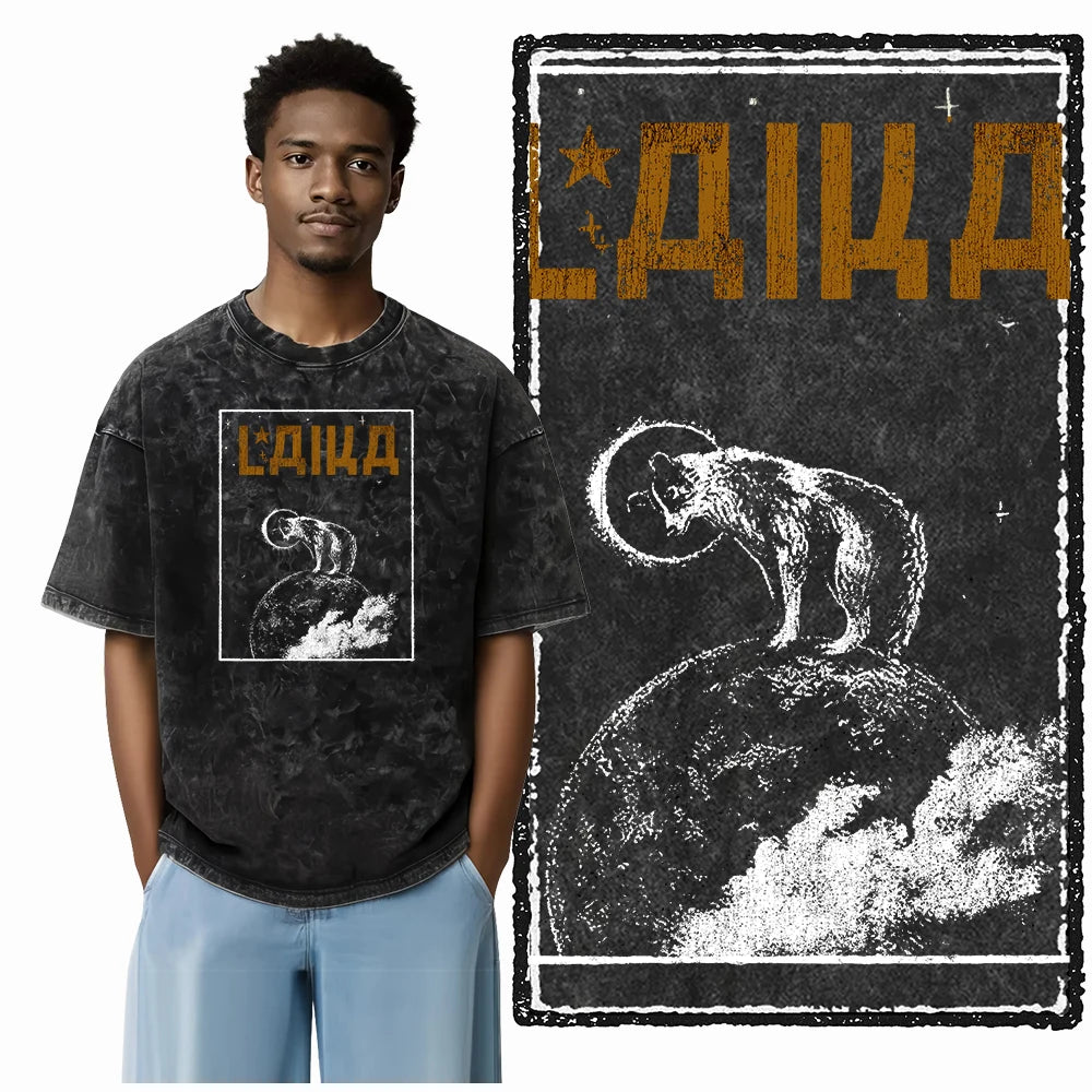 the SPACE TRAILBLAZER - DCA Laika Dog Printed Acid Washed Cotton Streetwear Exclusive Graphic Unisex T-Shirt, Cool Vintage Men T-Shirts