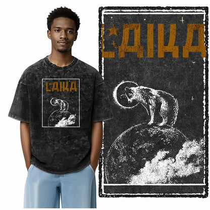 the SPACE TRAILBLAZER - DCA Laika Dog Printed Acid Washed Cotton Streetwear Exclusive Graphic Unisex T-Shirt, Cool Vintage Men T-Shirts