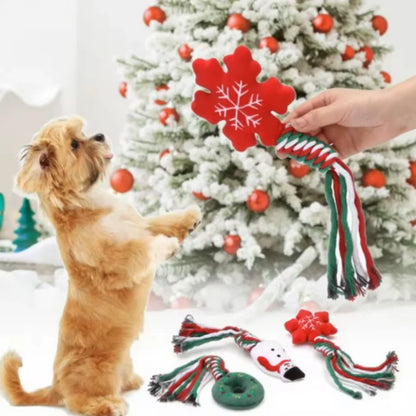 Christmas Themed Interactive Chew Toy for Dogs And Cats - Cute Squeaky Cotton Rope Knot Molar Bite Toy Funny Puppy Xmas Gift