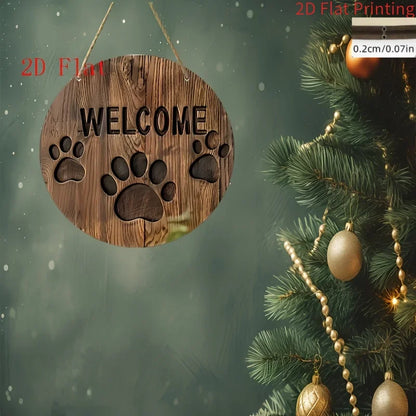 2D Flat, Farmhouse Style Round Wooden Welcome Sign with Dog Paw Print - Rustic Artificial Wood Wall Art for Home, Garden, Cafe,