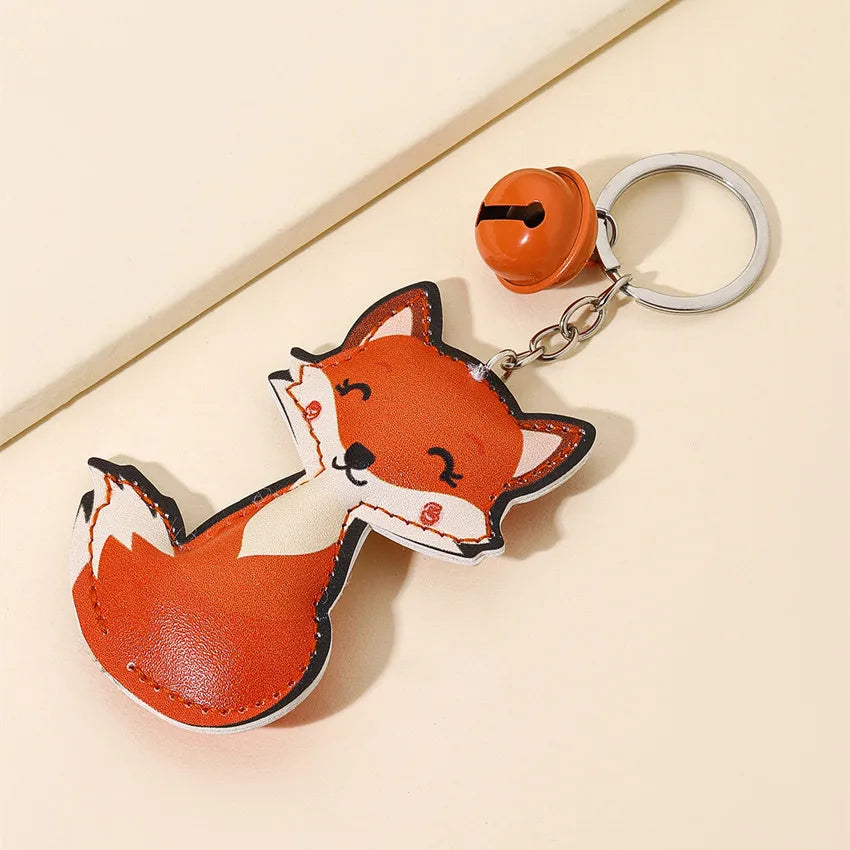 Fashionable Leather Fox Keychain Cartoon Cute Small Metal Bell Pendant Key Chain Animal Bag Charm Women's Decoration Accessorie