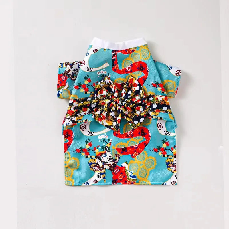 Adorable Brocade Pet Kimono Dress Japanese Style Pet Dress Floral Bowknot Pet Costume for Dogs Cats