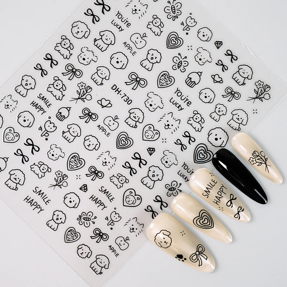 3D Flat Cute Cartoon Nail Stickers Doodle Cat Dog Heart Star Flower Nail Art Stickers Women DIY Manicure Decoration Decals