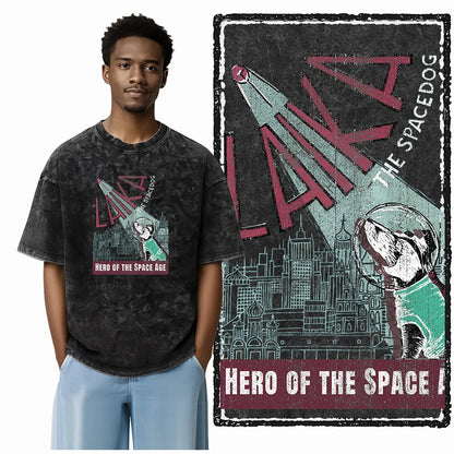 the SPACE TRAILBLAZER - DCA Laika Dog Printed Acid Washed Cotton Streetwear Exclusive Graphic Unisex T-Shirt, Cool Vintage Men T-Shirts