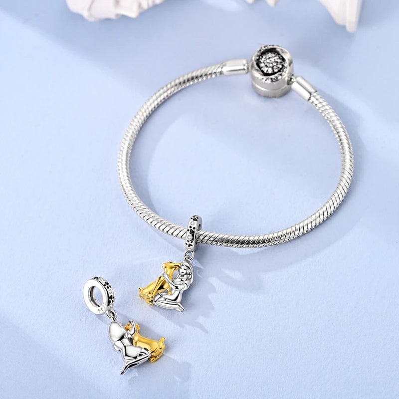 925 Sterling Silver Girl Holding Dog Charms Beads Fit Original 925 Bracelet Making Gift for Woman Jewelry Diy Fashion Pendant