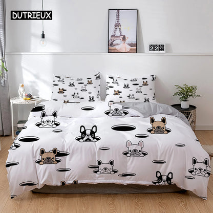 the PRINTED PET DUVET - 3D Dog Bedding Set, Cute French Bulldog Puppy Duvet Cover Sets, Cartoon Bed Cover, Pet Animals Home Textiles, Queen 2/3Pcs King Full