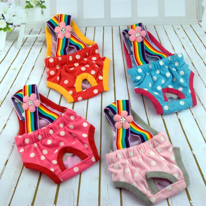 Adjustable Pet Diaper Pants for Female Dogs with Rainbow Suspenders Cute Polka Dot Puppy Sanitary Underwear Reusable Dog Shorts
