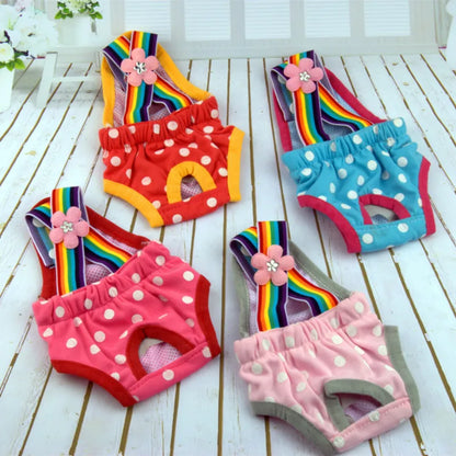Adjustable Pet Diaper Pants for Female Dogs with Rainbow Suspenders Cute Polka Dot Puppy Sanitary Underwear Reusable Dog Shorts