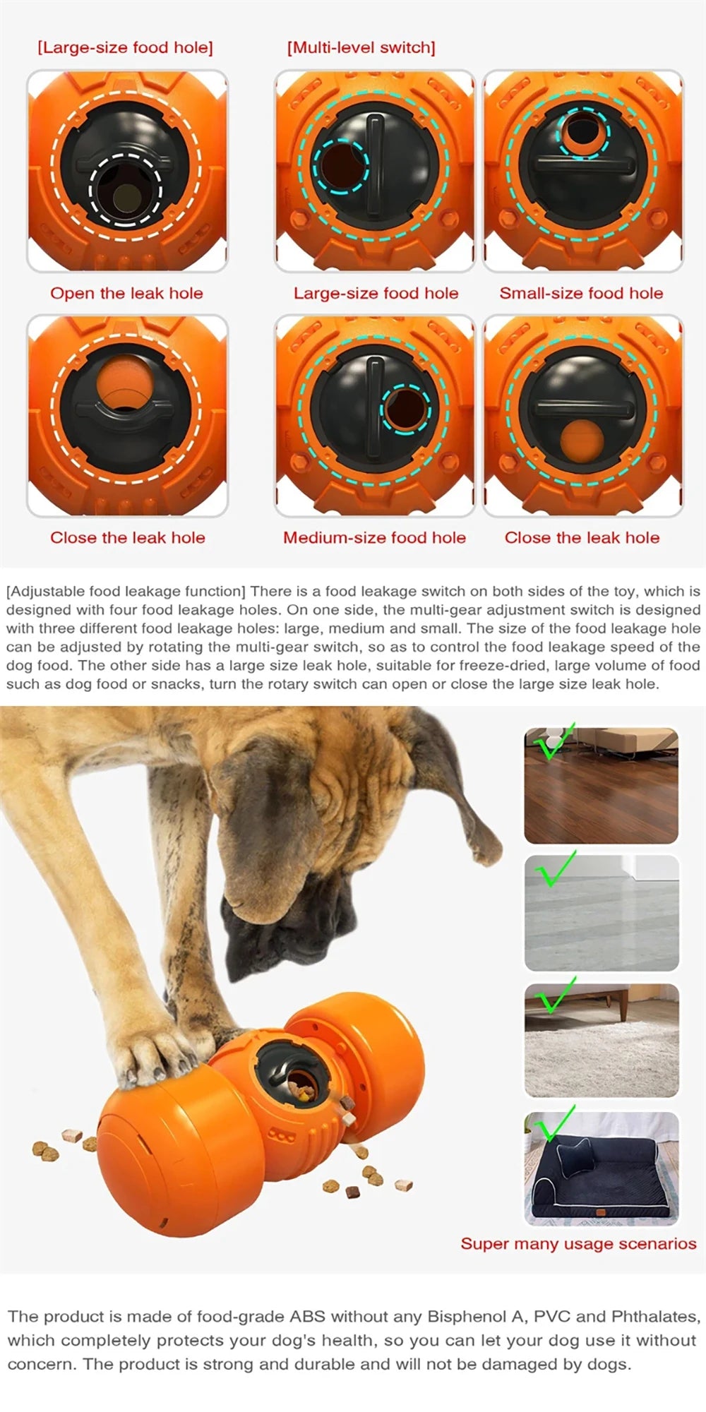 Large Dog Slow Feeder Toy, Adjustable Leaking Food Dispenser, Pulley Ball, Wobble Wag, Chewer, Squeaky, Indestructible, Supplies