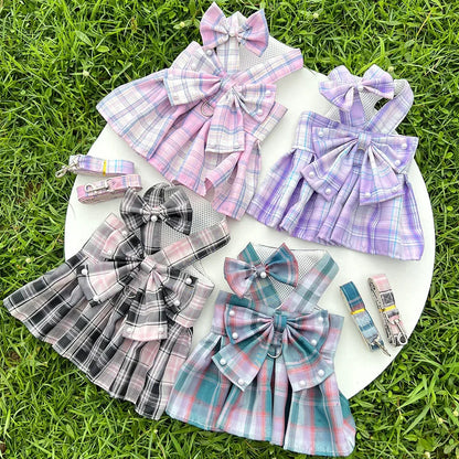 Pet Dog Cat JK Dresses Strap Bow Tie Harness Leash Dog Clothing Skirt Cat Pet Clothing Cosplay Christmas Checker Clothes