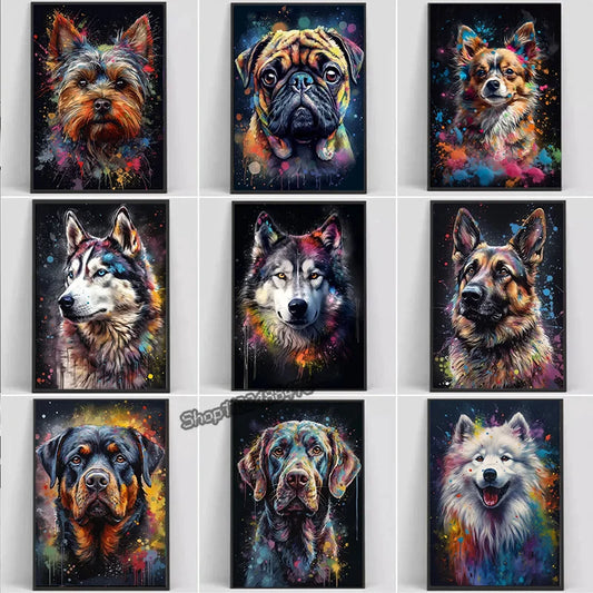 Abstract Dogs Posters and Prints Labrador German Shepherd Watercolor Splash Canvas Painting Wall Art Picture for Room Home Decor