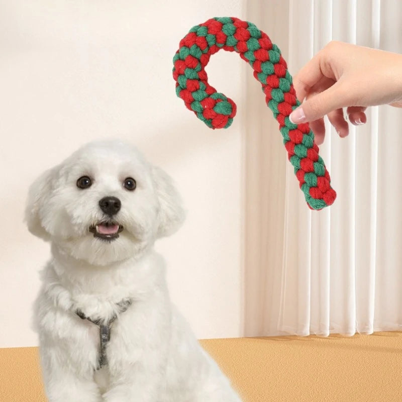 1pc Christmas Dog Rope Toy-Candy Cane Lasso Design with Red&White Stripes&Green Checkered Pattern,Safe Jute Blend Chew Toy