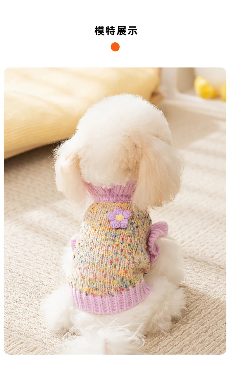Autumn and Winter Pet Dot Little Flower Sweater Comfortable Warm Dog Clothes Teddy Cat Clothing Puppy Clothes for Small Dogs