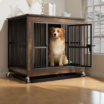 Reinforced Anti-Biting Dog Kennel Sturdy and Durable Wooden Round Pipe Dog Cage with Detachable Wheels Pet Bed