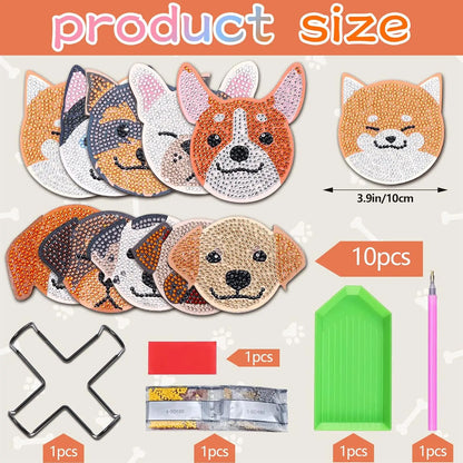 10 pieces/set of wooden coasters with dog patterns and diamond paintings, DIY creative diamond painting coasters, holiday gifts