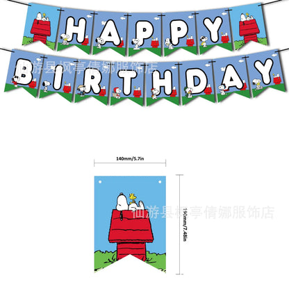 Cute Snoopy Dog Children'S Birthday Party Decoration Set Classic Cartoon Character Flag Pulling Cake Size Label Balloon Set