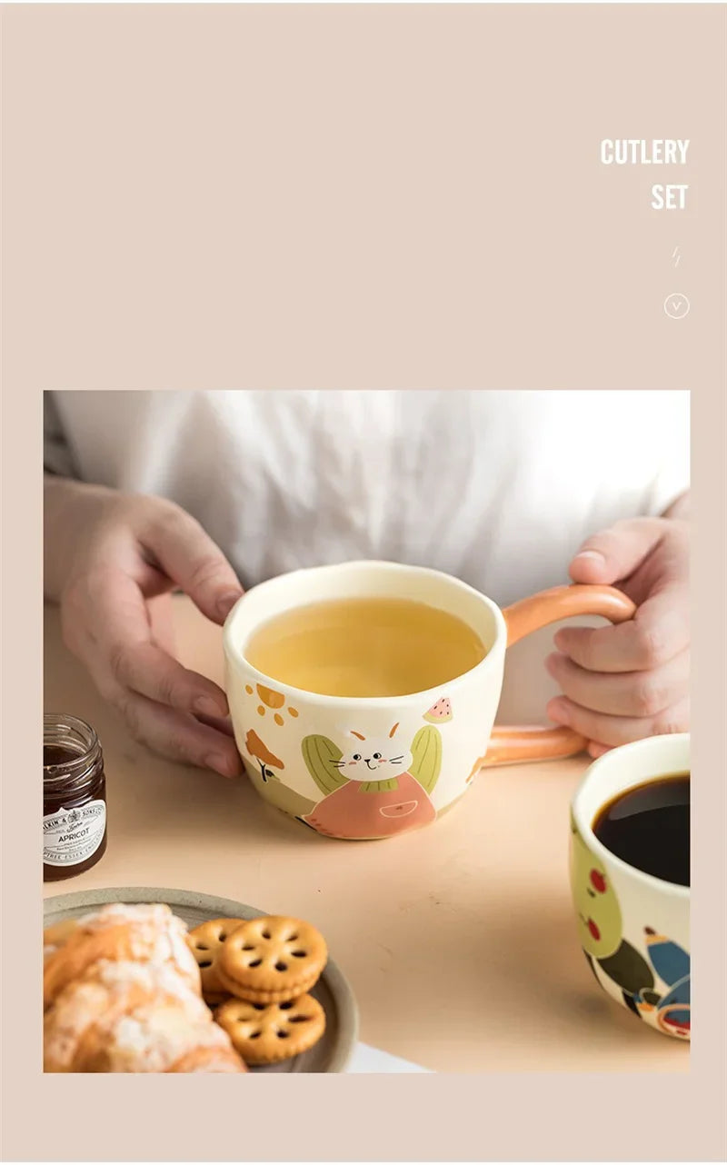 350ML Cartoon Hand Painted Bunny bear Coffee Cups Irregular Ceramic Mug Large Handle Home Office Milk Water Cup Kid's Gifts