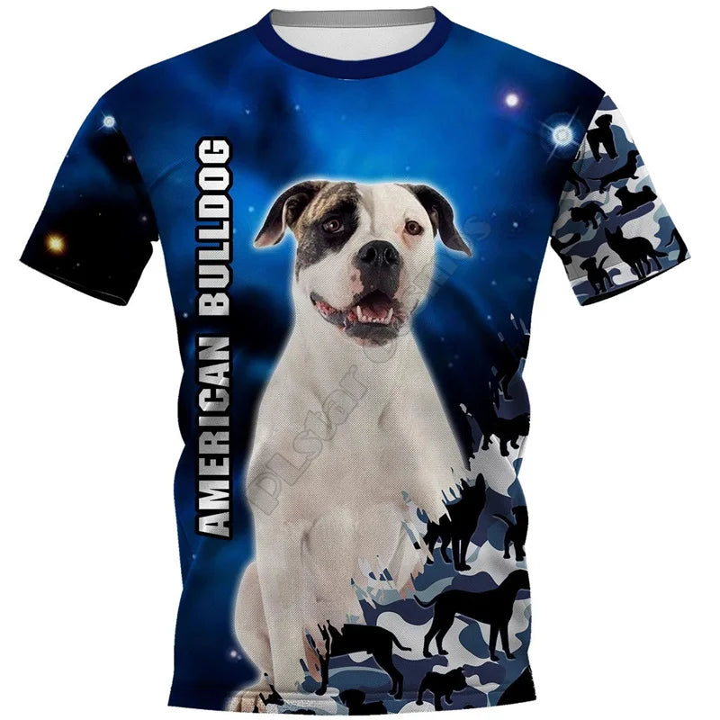 the BLUE SPACE DOGS - Amstaff Pitbull Dog T-Shirt, Men's 3D Doggy Printed Tee Shirts, Women's Clothing, Summer Kids Casual Tops Tees Short Sleeve