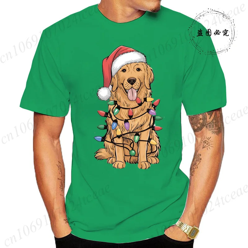 the GOLDEN CHRISTMAS - New Men's T-Shirts Christmas Golden Retriever Print T-Shirts, Round Neck Short Sleeve Casual T-Shirt, Happy New Year Dog Shirts