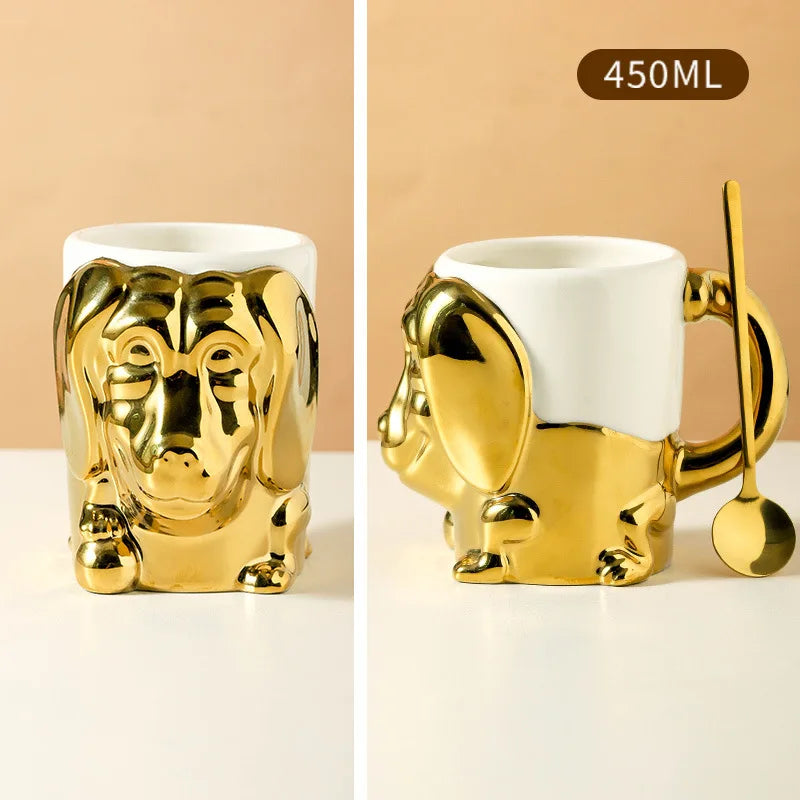1pc Creative Stereo Dog Coffee Cup Cartoon Animal Tea Cup Gold Plated Silver Dog Ceramic Mug Couple Gift Oatmeal Mug Home Decor