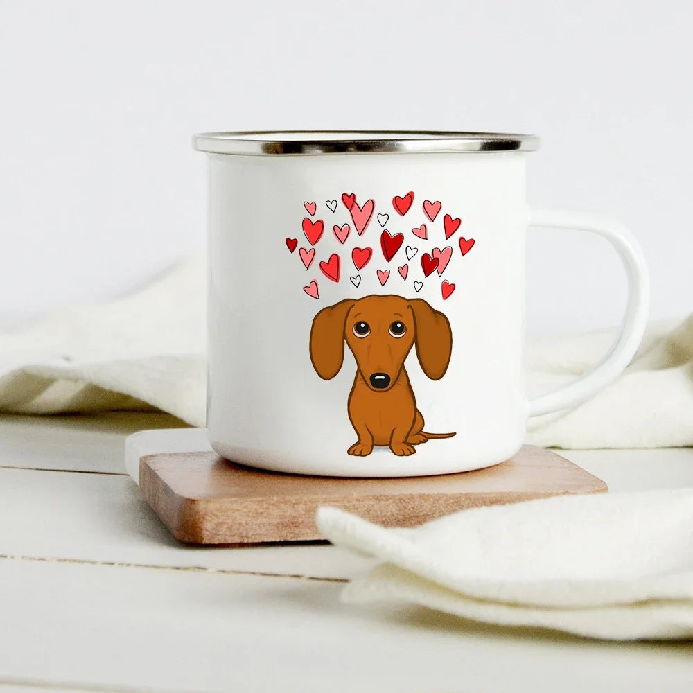 Peace Love Dogs Print Creative Enamel Coffee Mugs Cartoon Dachshunds Dog Paw Party Beer Juice Milk Cups Friend Birthday Gifts
