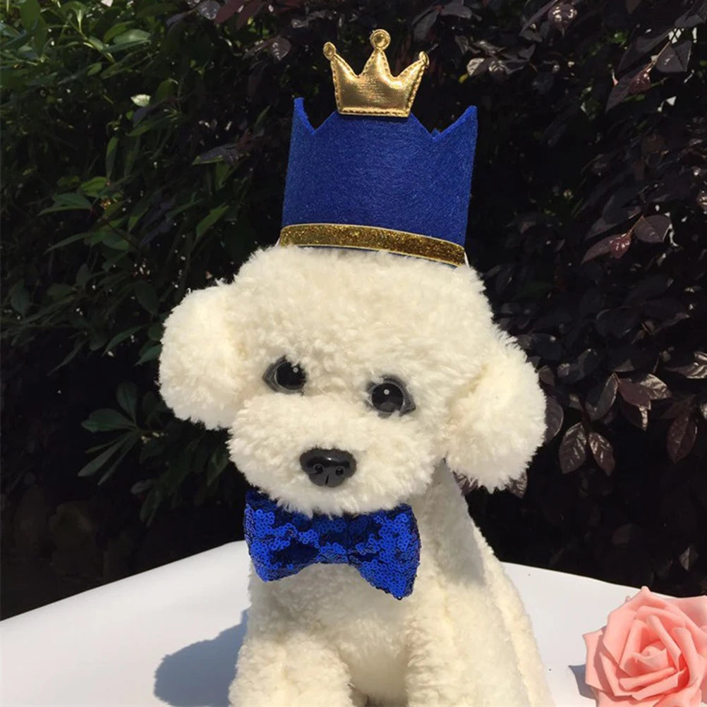 the CROWNED CANINE - 2PCS Pet Birthday Hat/Bow Tie Set, 8cm Long 5cm Wide Crown Hats for Cats/Dogs, Soft Comfortable Party Photo Props, Pet Dog Hat