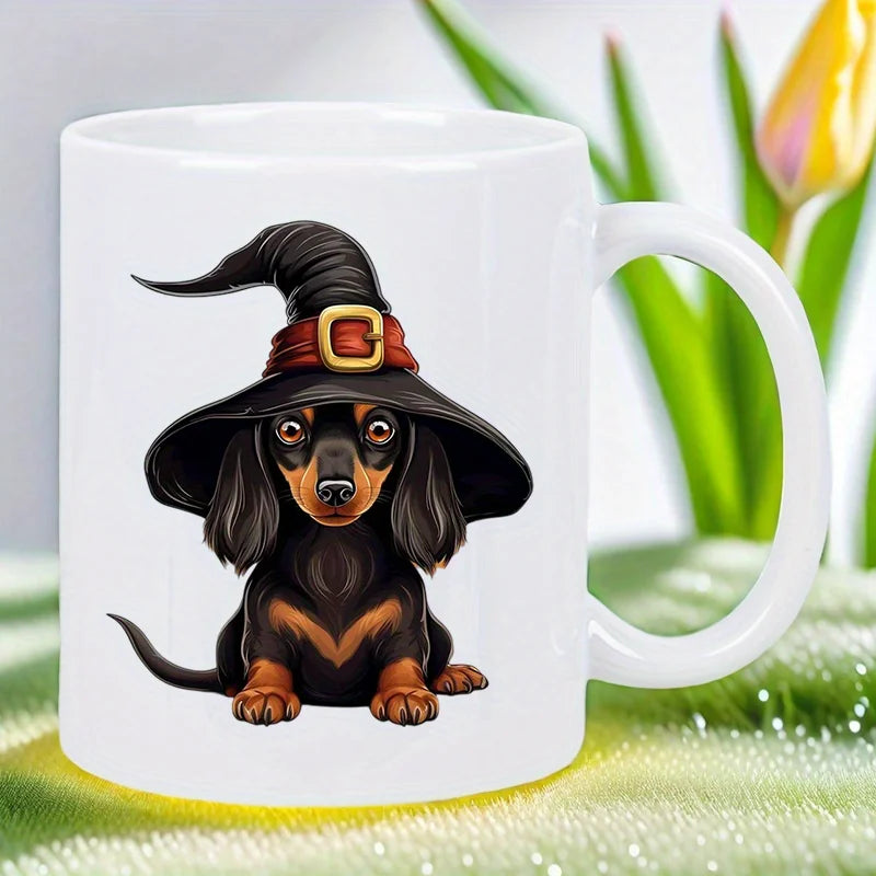 Cute Witch Hat Dachshund Ceramic Mug - Halloween-Themed Coffee Cup with Red & Black Hat, Perfect Gift for Dog Lovers, Hand Wash