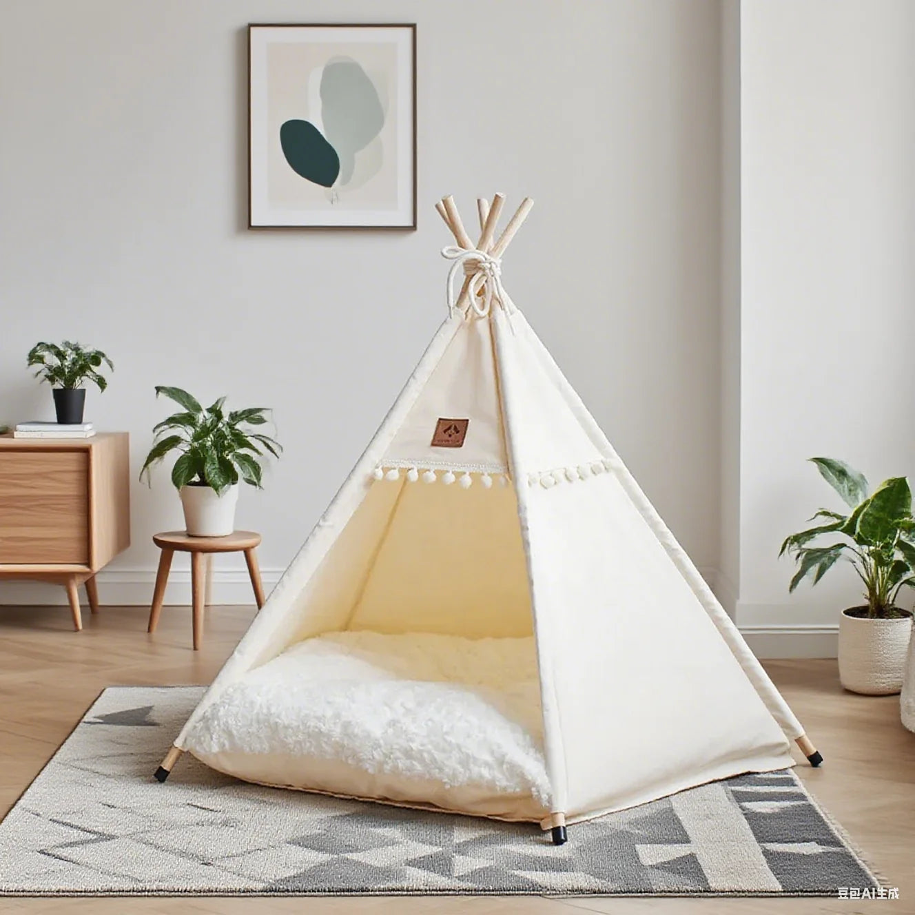 the BEIGE TEEPEE - Dog/Cat Teepee Pets Tent, Portable Dog Tent Bed with Plush Cushion, Soft Kennels Playhouse Removable and Washable Puppy Teepee