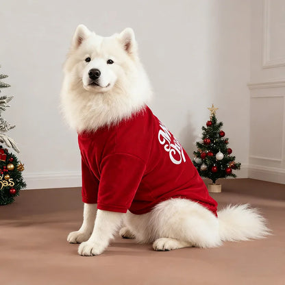 the MERRY WOOFMAS SWEATER - Christmas Velvet Dog Sweatshirt, “Merry Christmas” Print, Warm Soft Pullover, Red/Green, Sizes S–6XL for Small to Large Dogs